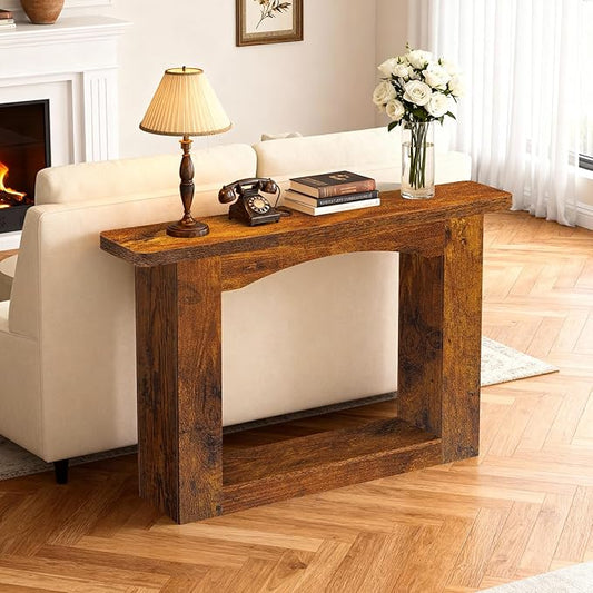 51 Inch Entryway Table U-Shaped Extension, 1.6 Inch Thick Desktop Wooden Console Table with Socket Farmhouse Sofa Table for Entrance, Hallway, Living Room,Behind Couch(Rustic Brown)