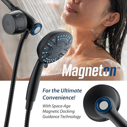 AquaCare Magneton 8-setting Magnetic Docking Hand Shower with Built-in Shower Filter - ON/OFF Filtration Modes, Instant Cartridge Reload, Stay-Clean KDF Cartridge, 6 ft. Steel Hose, Matte Black
