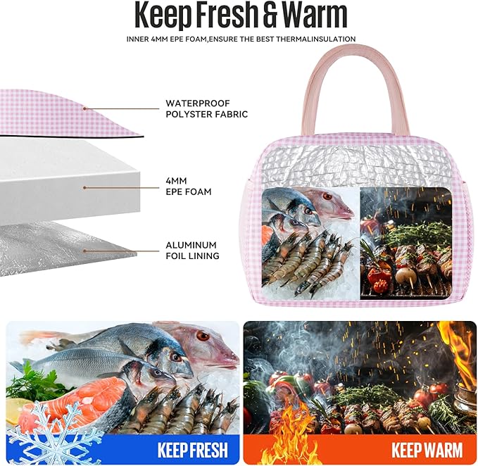 Lunch Bag Women/Men Lunch Box Women/Men (Pink+White Grid)