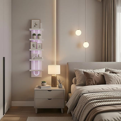 5 Tier Wall Shelf Unit with Light-Small Floating Shelves for Home Decor, Modern Unique Asymmetric Design for Bedroom & Living Room Storage