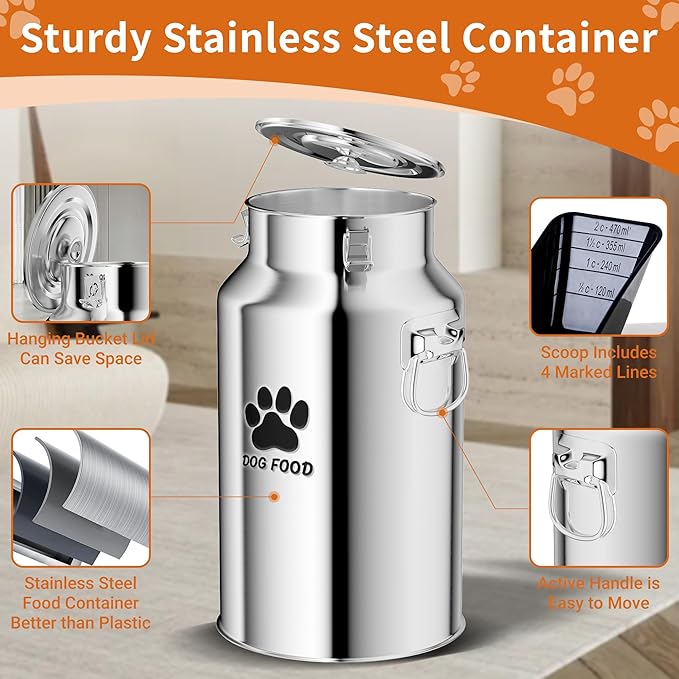 Metal Dog Food Storage Container, 30Lbs Dog Food Storage Tank, Multifunctional Storage Bin with Sealed Lid and Spoon, Pet Food Storage Container for Dogs and Cats, Keeping Fresh and Easy to Clean