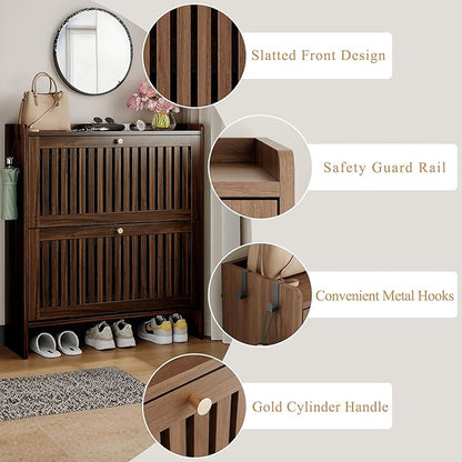 wanan 31.5" Shoe Cabinet with 2 Flip Slatted Drawers, Adjustable & Removable Panels, Narrow Shoe Cabinet Storage for Entryway, Hallway, Shoe Rack Organizer Cabinet, Walnut