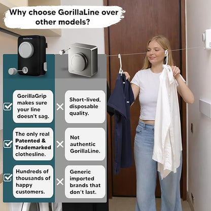 GorillaLine Max – Retractable Clothesline Indoor Outdoor, Non-Sagging Heavy Duty Clothes Drying Line, Wall Mounted Drying Rack, Air Dry Clothing, Max Tighten with GorillaGrip