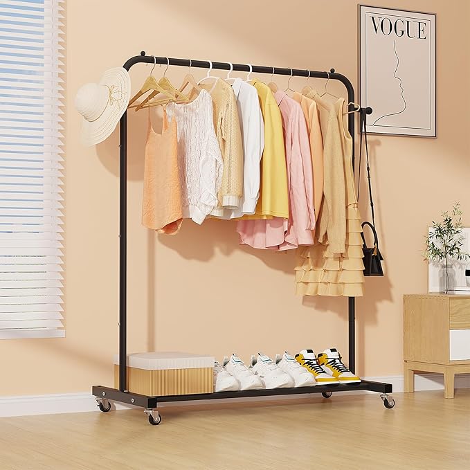 Sywhitta Clothing Rack on Wheels with Storage Shelf & Sturdy Metal Frame, Retail Clothing Rack for Hanging Clothes, Coats, Skirts,Space-Saving Mobile Organizer for Closet, Bedroom, Laundry Room, Black