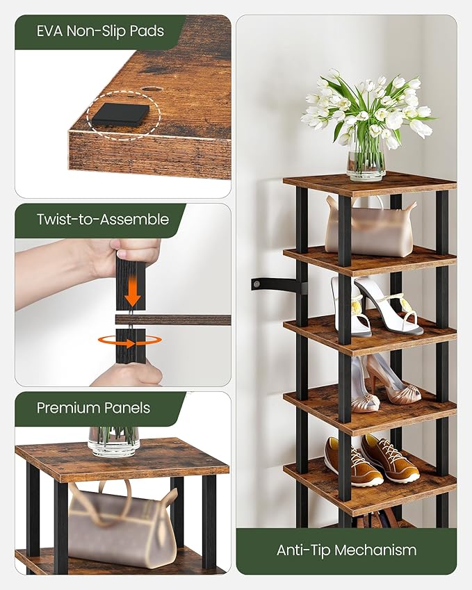 9-Tier Vertical Shoe Rack, DIY Corner Shoe Rack for Entryway, Narrow Shoe Shelf, Tall Storage Organizer, Saving Space, for Small Spaces, Entryway, Hallway, Rustic Brown and Black MXJ01BF