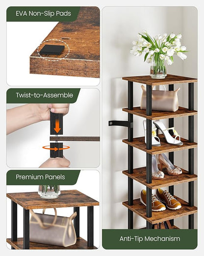 9-Tier Vertical Shoe Rack, DIY Corner Shoe Rack for Entryway, Narrow Shoe Shelf, Tall Storage Organizer, Saving Space, for Small Spaces, Entryway, Hallway, Rustic Brown and Black MXJ01BF