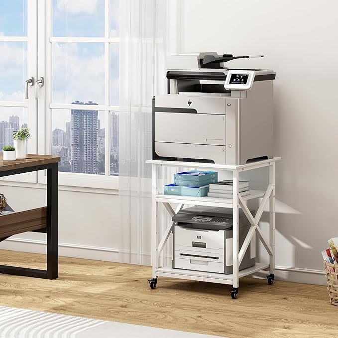 Large Printer Stand with Height Adjustable Storage Shelf, 23.6 x 23.6 Inches Square Printer Table with Industrial Wheels, Multi-use 3 Tier Rolling Printer Cart for Home Office - White