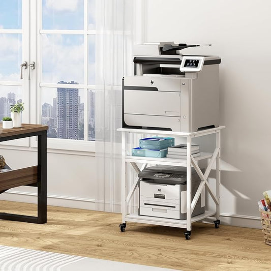 Large Printer Stand with Height Adjustable Storage Shelf, 23.6 x 23.6 Inches Square Printer Table with Industrial Wheels, Multi-use 3 Tier Rolling Printer Cart for Home Office - White