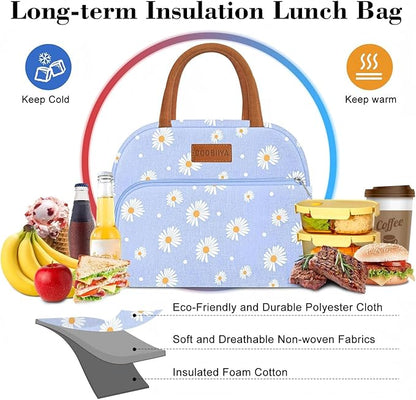 Coobiiya Lunch Bag Lunch Box for Women Men, Reusable Cute Lunchbag - Leakproof, Adult Insulated Lunch Box Tote with Large Capacity, Cooler Container for Work, Travel, Office (Blue Daisy)