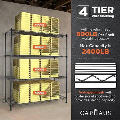 CAPHAUS 4-Tier Commercial Grade Heavy Duty Adjustable Height Wire Shelving w/Wheels & Leveling Feet, Storage Metal Steel Shelf, Garage Shelving Storage, Utility Wire Rack Storage Shelving Unit, 48”W