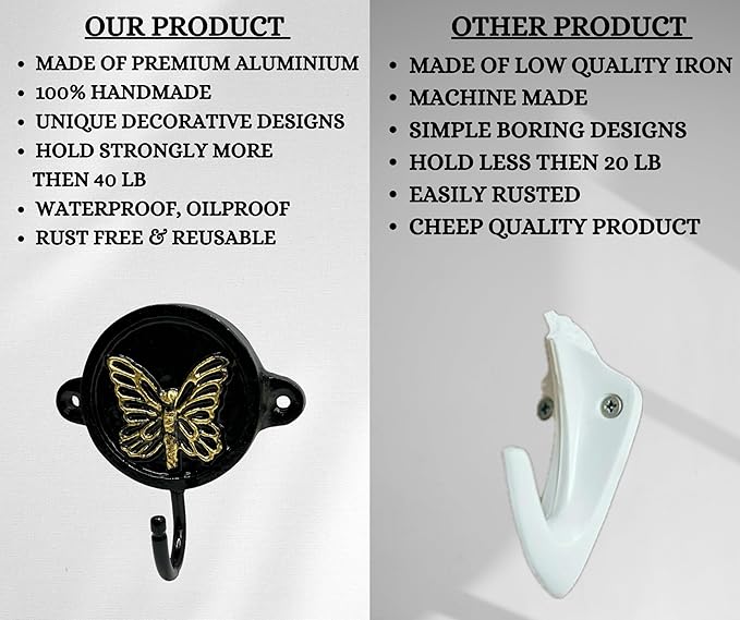 Aluminium Butterfly Print (1-Pack) Single Wall Hooks, Black Butterfly Themed Hooks for Hanging Leash-Wall Mount Hanger, Organization Decorative Wall Hook (Butterfly)
