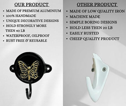 Aluminium Butterfly Print (1-Pack) Single Wall Hooks, Black Butterfly Themed Hooks for Hanging Leash-Wall Mount Hanger, Organization Decorative Wall Hook (Butterfly)