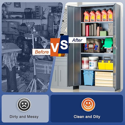 BESFUR Metal Garage Storage Cabinet with Locking Doors and 4 Adjustable Shelves, Gray Tall Storage Cabinets, Tool File Lockable Cabinet for Garage Office Warehouse Shop(71”H)