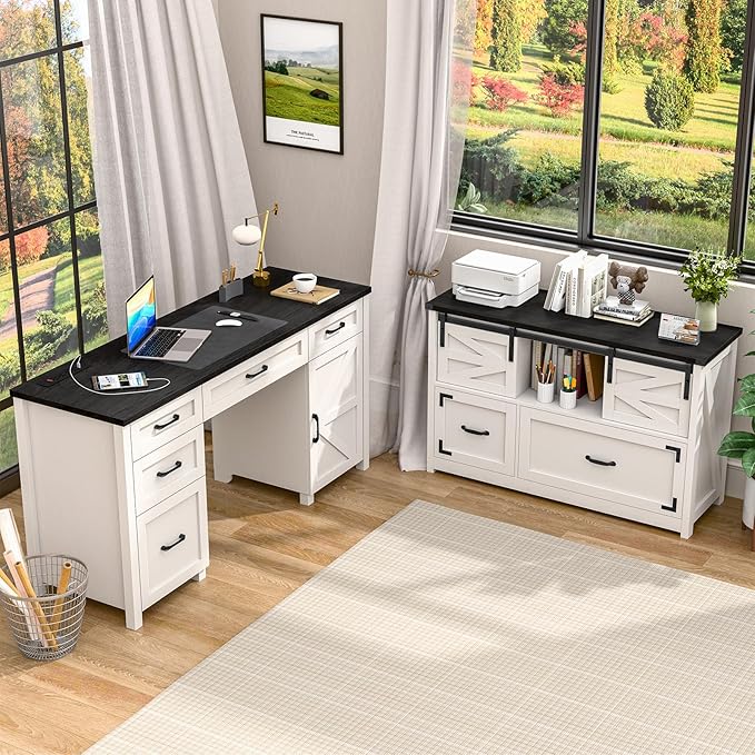Lateral File Cabinets 2 Drawer with Sliding Barn Doors, Farmhouse Filing Cabinet with 2 drawer for Home Office，Filing Organization Storage Cabinets for Hanging Files Letter/Legal/F4/A4.(Black.)