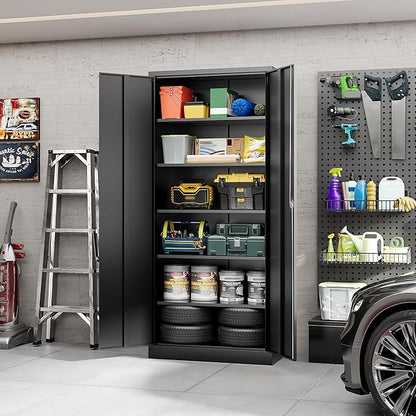 Yizosh Metal Garage Storage Cabinet with Lock, 71" Locking Tool Cabinet with 2 Doors and 5 Shelves, Tall Steel Cabinet for Garage, Heavy Duty File Cabinet for Office, School (Black)