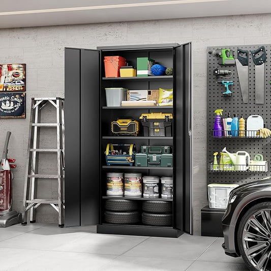 Yizosh Metal Garage Storage Cabinet with Lock, 71" Locking Tool Cabinet with 2 Doors and 5 Shelves, Tall Steel Cabinet for Garage, Heavy Duty File Cabinet for Office, School (Black)