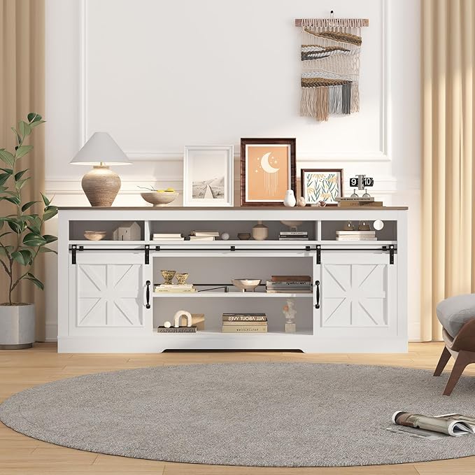 Garvee TV Stand Table for 75 in Television, Media Console Table with Open Storage, Power Outlets, Barn Doors, Entertainment Center with Adjustable Shelves for Home & Office, 66 in Width, White