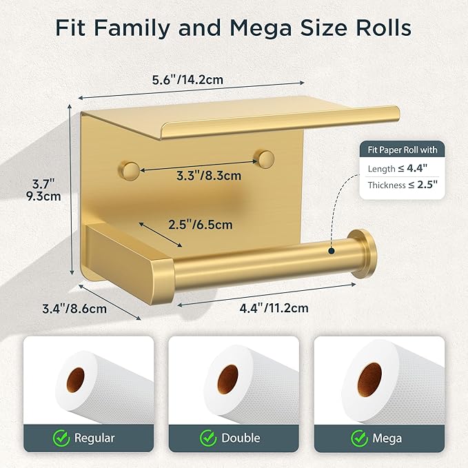 FORIOUS Toilet Paper Holder with Shelf, Adhesive or Screw Wall Mount Toilet Paper Roll Holder for Bathroom, 304 Stainless Steel Commercial Toilet Tissue Roll Dispenser with Phone Shelf (Brushed Gold)