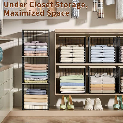 3PCS Stackable Closet Organizers and Storage, Shelves with Wood Top Extra Storage, Clothes Organizer Basket, Bin, or Tube for Wardrobe and Home Organization (Black-Sturdy Metal) Patent Pending