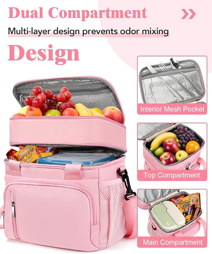 Insulated Lunch Bag for Women, Double Leakproof Lunch Box Soft Cooler Tote with 5 Pockets, 600D Oxford, EVA Lining, Adjustable Strap for Work, Picnic, Beach&Travel-Pink