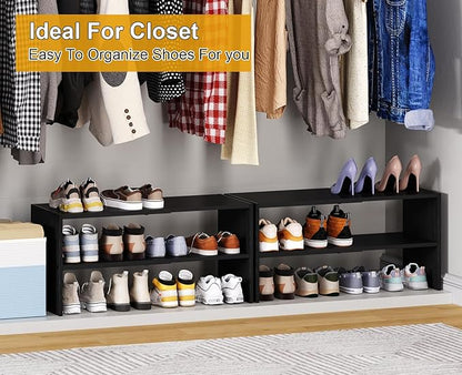 Black Shoe Rack Organizer for Closet, 2-Tier Expandable Shoe Shelf, Stackable Iron Wood Combination Small Shoe Racks Shelves for Closets, Entryway,Small Space,Hallway,Garage,6-12 Pairs