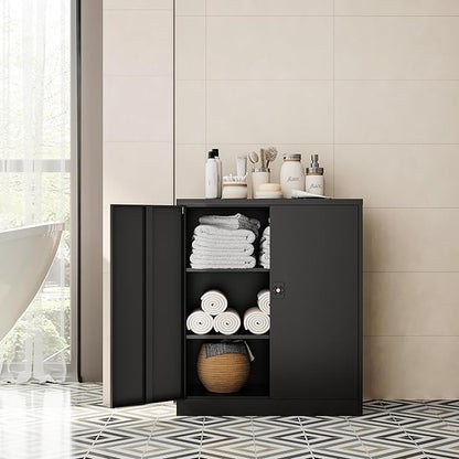 Metal Storage Cabinet-36” Tall Steel File Cabinets with Lockable Doors and Adjustable Shelves-Black Steel Storage Cabinet for Home Office, School, Garage