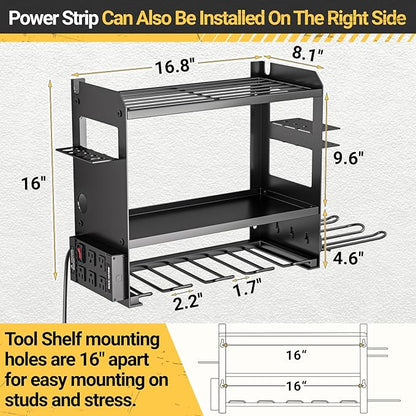 YYR Power Tool Organizer Wall Mount with Charging Station, Cordless Tools Hanger and Battery Storage Rack for Garage Organization, Heavy Duty Drill Holder Shelf Build in Metal Power Strip - Black