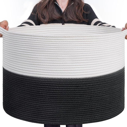 INDRESSME Large Cotton Rope Baskets for Storage, 21.7 x 13.8 Blanket Storage for Living Room Toy Baskets Kids, Baby Laundry Basket for Dirty Clothes, Pillows, 90L White & Black