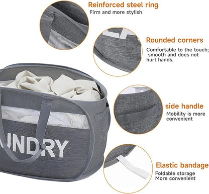 Foldable Laundry Basket with Lid, Oxford Cloth Reinforced Steel Ring Collapsible laundry hamper, 70L Breathable Mesh Dirty clothes hamper with Dual Handles for Home, Dorm, Apartment