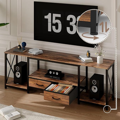 Garvee TV Stand with Fabric Drawers and Power Outlets for 75 70 65 Inch TV, TV Console Table, Entertainment Center with Open Storage Shelves for Living Room, Bedroom, Office, Rustic Brown