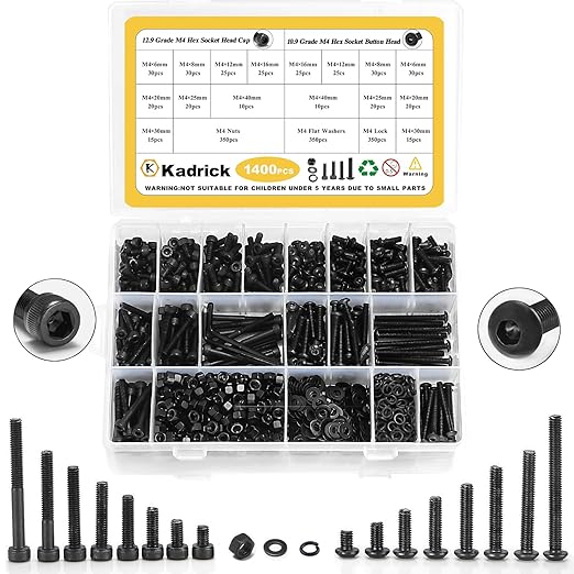 Kadrick Metric Screws Assortment,1400 Pcs M4 Screws Nuts Washers Assortment M4x6MM-40MM, Hex Socket Button & Cap Head M4 Machine Bolts Kit, 12.9 & 10.9 Grade Black Alloy Steel for 3D Printing
