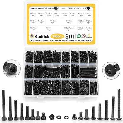 Kadrick Metric Screws Assortment,1400 Pcs M4 Screws Nuts Washers Assortment M4x6MM-40MM, Hex Socket Button & Cap Head M4 Machine Bolts Kit, 12.9 & 10.9 Grade Black Alloy Steel for 3D Printing
