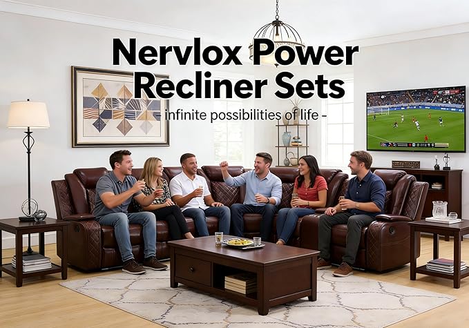Power Recliner Sofa Set, Brown Power Reclining Sectional Sofa for Living Room, Breathing Leather Sectional Couch, Loveseat and Chair Sets with LED, USB, Cup Holders, Storage for House/Office