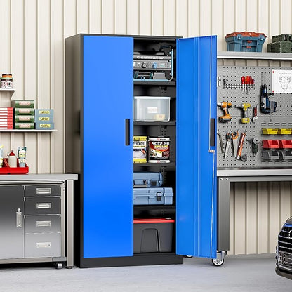 Greenvelly Metal Storage Cabinet with Doors and Shelves, 72" Inch Locking Metal Cabinet,Garage Storage Cabinet for Garage Office School Warehouse (Black Blue)