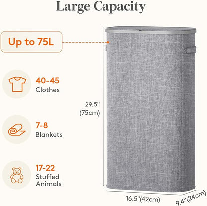 Lifewit 75L Slim Laundry Basket with Lid, Narrow Large Laundry Hamper with Plastic Handles and Removable Bag, Tall Foldable Dirty Clothes Hampers for Laundry Room, Bedroom, Bathroom, Dorm, Gray