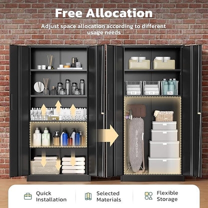 Greenvelly Metal Lockable Storage Cabinet, 72”Black Locked Storage Cabinet with 2 Doors and 4 Adjustable Shelves for Office, Home, Garage, Pantry (Assembly Required, 16”D)