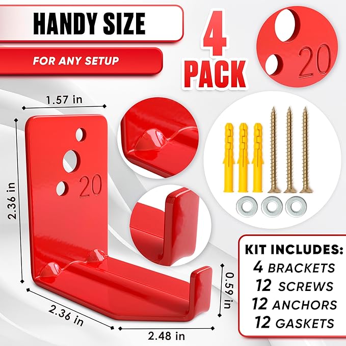 Fire Extinguisher Mount Brackets Set of 4, Heavy Duty Wall Mount Hook 2.36 x 1.57 x 2.36 in, Screws Anchors and Gaskets, Quick Install Holder, Supports up to 20 lb for Garage Workshop Home Cabinet Use