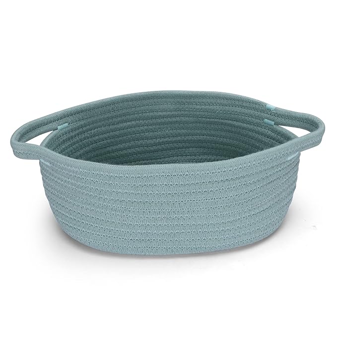 Small Woven Basket Cute Oval Cotton Rope Baby Gifts Baskets with Handle Empty Wicker Storage Baskets For Kids Cat Dog Toy Nursery Bin Easter Basket Light Green