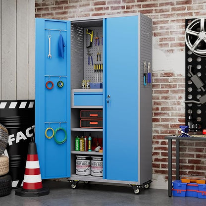 71" H Metal Garage Storage Cabinet with Wheels and Doors,Rolling Tool Cabinet with Pegboard,Rod and Drawer for Garage Warehouse Home,Required Assembly,Grey and Blue