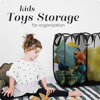 Handy Laundry Mesh Popup Hamper - Two Compartments, Collapsible for Storage and Easy to Open. Folding Pop-Up Clothes are Great for The Kids Room, College Dorm or Travel. (Black)