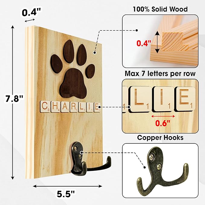 Dog Leash Holder Wall Mount, Pet Harness Hanger with Scrabble Letters, Dog Collar Organizer for Entryway, Memorial Cat Leash Holder for Wall, Pet Loss Gifts, Keepsake, Home Decor PF212-NAT