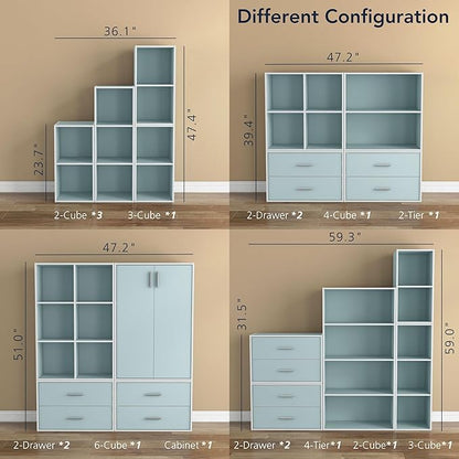 Homes: Inside + Out Apexa 4-Cube Storage Organizer Shelves, Stackable Wood Bookcase Fits Cubby Bins for Organization, Dorm Teen Room Decor & Home Office, Light Blue