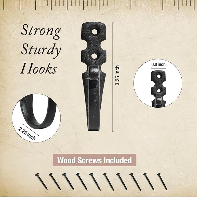 Cast Iron Wall Hooks (10 Pack) Handmade Blacksmith - Wall Mounted J Hooks - Farmhouse Decorative - Vintage Hooks for Hanging Coats, Bags or Pots in Pantry (Black, 2 Screws Each Hook)
