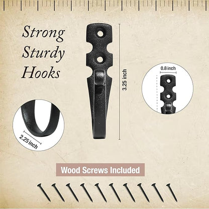 Cast Iron Wall Hooks (10 Pack) Handmade Blacksmith - Wall Mounted J Hooks - Farmhouse Decorative - Vintage Hooks for Hanging Coats, Bags or Pots in Pantry (Black, 2 Screws Each Hook)