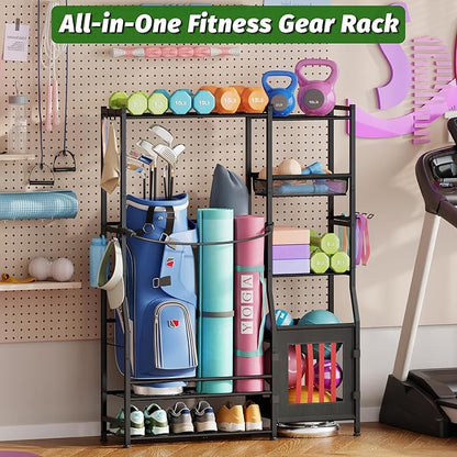 Garage Sports Equipment Organizer, Golf Bag Storage Rack, Organizer for 2 Golf Bag , Indoor/Outdoor Ball Storage Bins for Toy Sports Gear Storage, Ideal for Home, Garage, Club, Shed, Basement