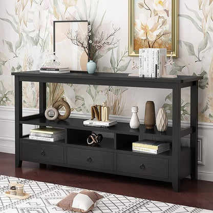 VINGLI 58" Console Table, Long Entryway Table with 3 Drawers & 2 Storage Shelves, Vintage Sofa Table Behind Couch, TV Stands for Living Room, Entryway, Hallway, Foyer, Office, Black
