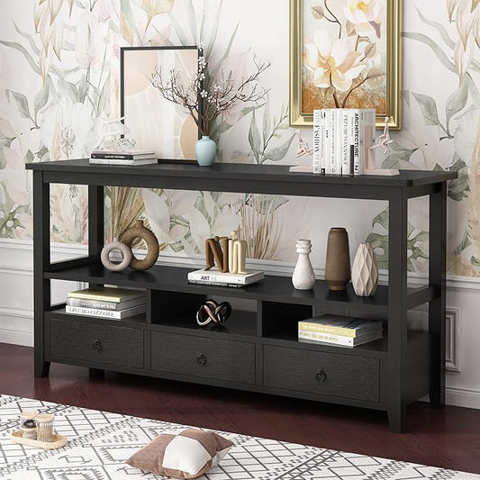 VINGLI 58" Console Table, Long Entryway Table with 3 Drawers & 2 Storage Shelves, Vintage Sofa Table Behind Couch, TV Stands for Living Room, Entryway, Hallway, Foyer, Office, Black