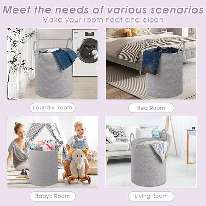 Large Laundry Basket,Laundry Hamper,15''x18'' Cotton Rope Storage Basket with Handles,Baby Hamper,Nursery Blanket Storage Living Room,Toy Basket,Kids Laundry Basket(Light Gray)