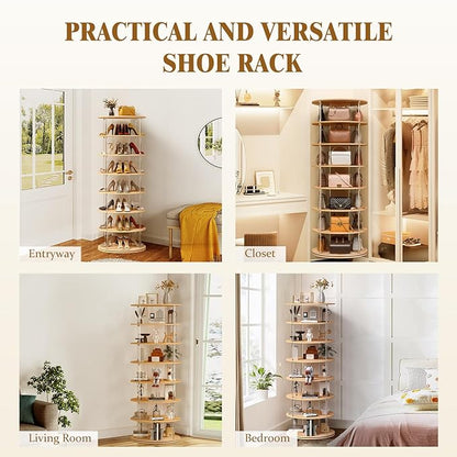 7-Tier Rotating Shoe Rack, 360 Degree Spinning Shoe Rack Tower, Lazy Susan Storage Tower Made of Acrylic and Wood, Round Rotating Organizer Shelf for Closet, Entryway and Bedroom