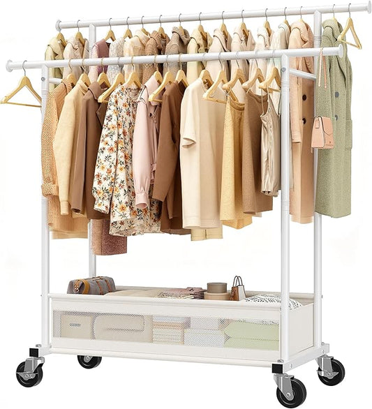 Clothes Rack, Double rods clothing rack, Clothing Racks for hanging clothes, Rolling clothes rack with Storage Basket & Heavy Duty Wheels, garment rack for Bedroom, Laundry Room, White